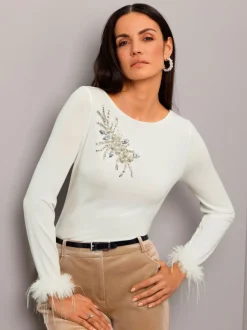 T-shirt à manches longues en modal avec application plumes et broderie