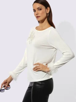 T-shirt à manches longues en modal avec application plumes et broderie