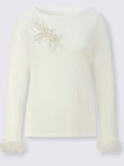 T-shirt à manches longues en modal avec application plumes et broderie
