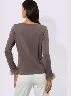 T-shirt à manches longues en modal avec application plumes et broderie