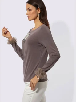 T-shirt à manches longues en modal avec application plumes et broderie