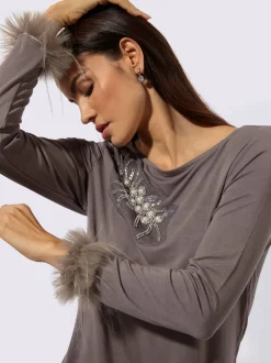 T-shirt à manches longues en modal avec application plumes et broderie