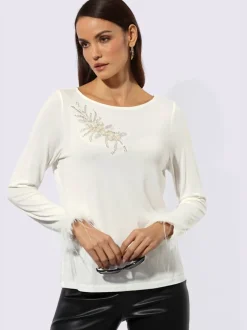 T-shirt à manches longues en modal avec application plumes et broderie