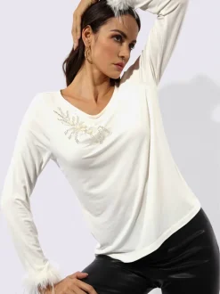 T-shirt à manches longues en modal avec application plumes et broderie