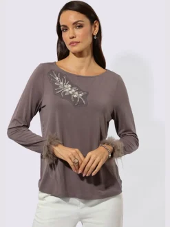 T-shirt à manches longues en modal avec application plumes et broderie