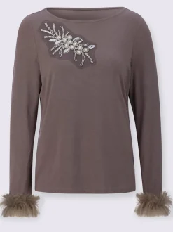T-shirt à manches longues en modal avec application plumes et broderie