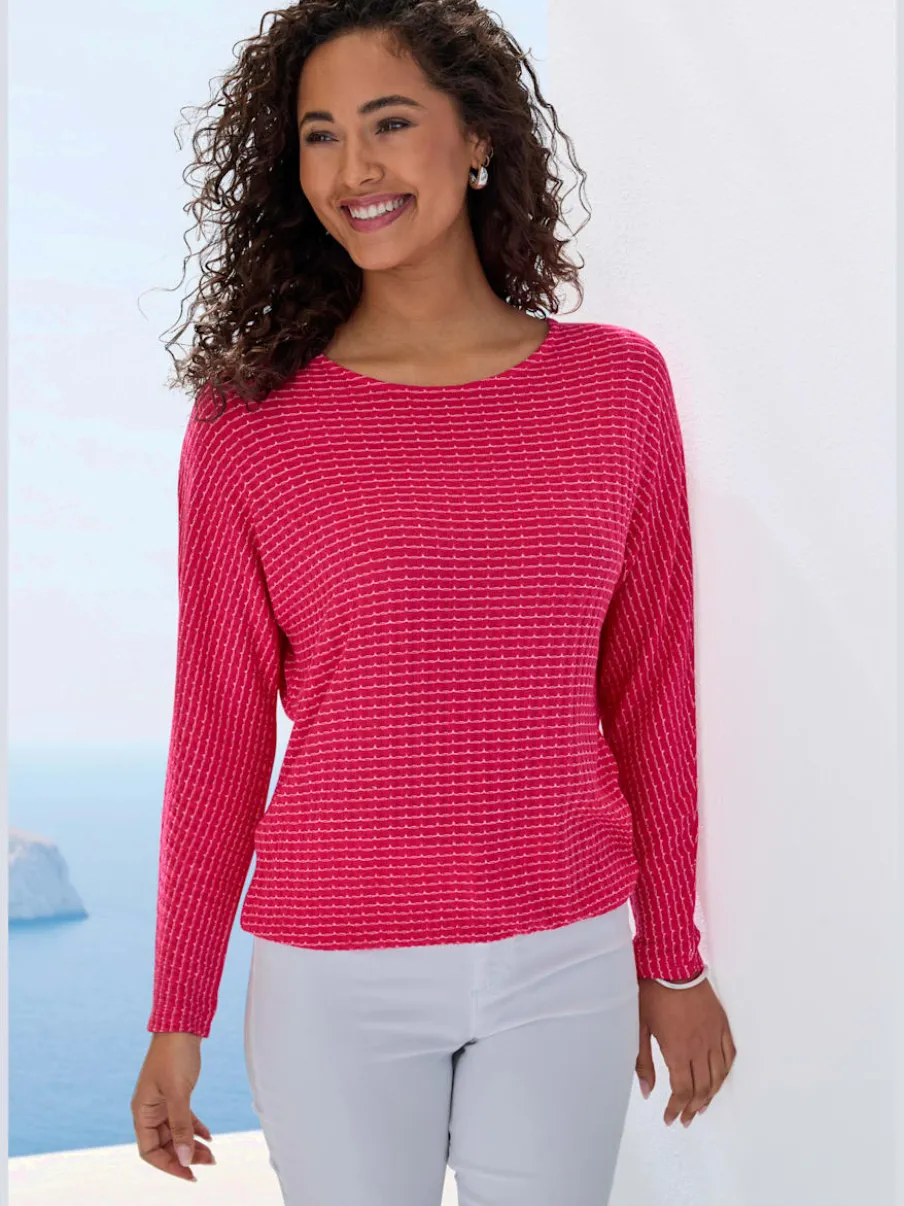 T-shirt à manches longues en tricot structuré avec encolure ronde et élastique à la taille