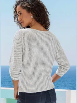 T-shirt à manches longues en tricot structuré avec encolure ronde et élastique à la taille