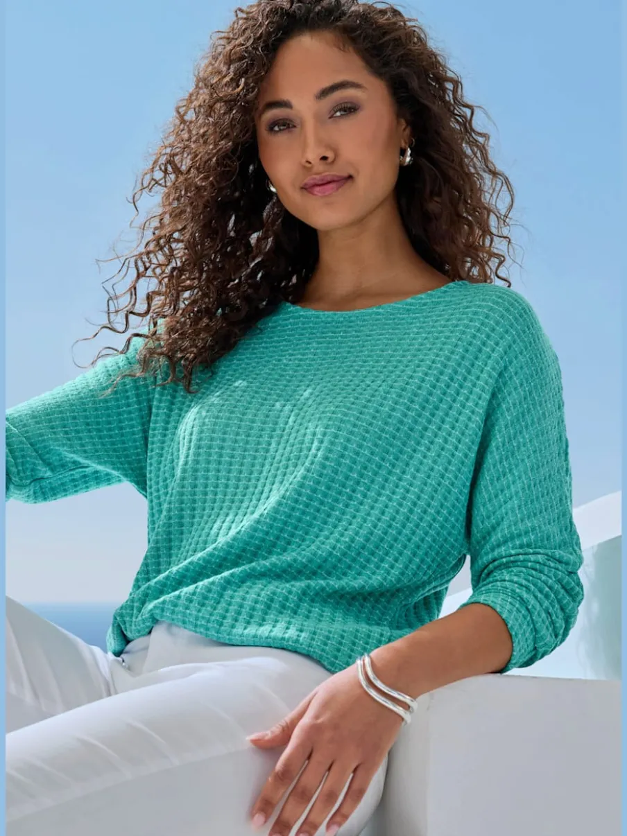 T-shirt à manches longues en tricot structuré avec encolure ronde et élastique à la taille