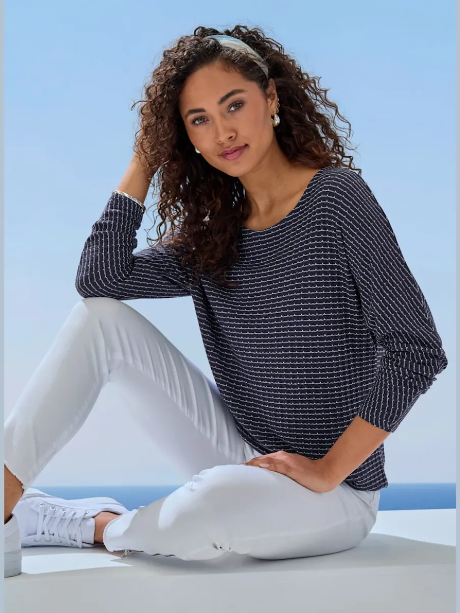 T-shirt à manches longues en tricot structuré avec encolure ronde et élastique à la taille