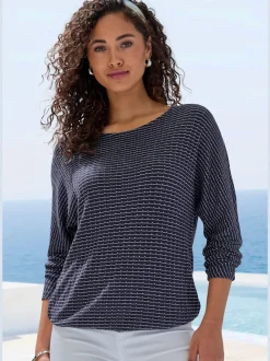 T-shirt à manches longues en tricot structuré avec encolure ronde et élastique à la taille