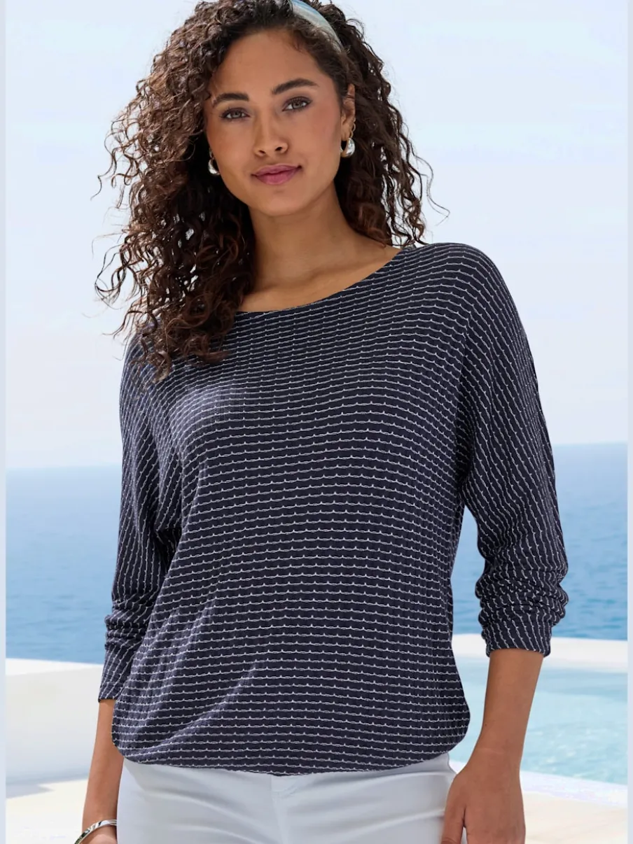 T-shirt à manches longues en tricot structuré avec encolure ronde et élastique à la taille
