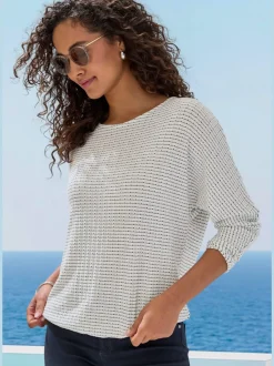 T-shirt à manches longues en tricot structuré avec encolure ronde et élastique à la taille