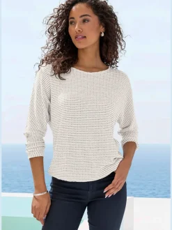 T-shirt à manches longues en tricot structuré avec encolure ronde et élastique à la taille
