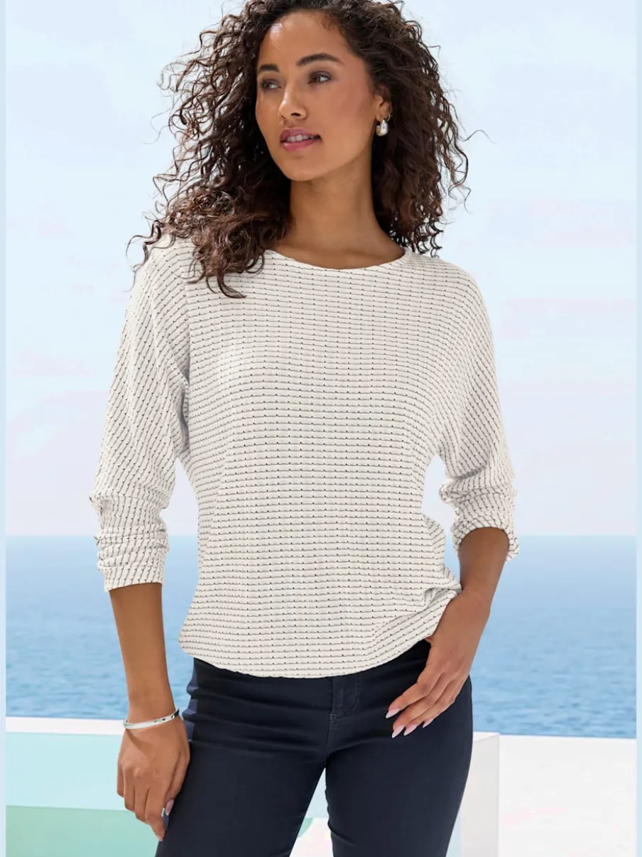 T-shirt à manches longues en tricot structuré avec encolure ronde et élastique à la taille