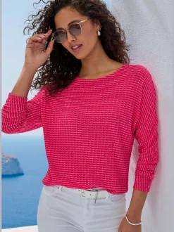 T-shirt à manches longues en tricot structuré avec encolure ronde et élastique à la taille