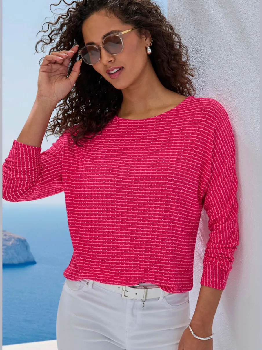 T-shirt à manches longues en tricot structuré avec encolure ronde et élastique à la taille