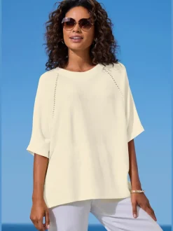 T-shirt à manches mi-longues avec motif en tricot ajouré