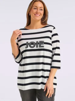 T-shirt à manches 3/4 mélange de rayures et de lettres