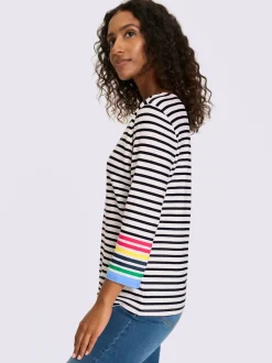T-shirt à manches 3/4 motifs rayés avec détails contrastés