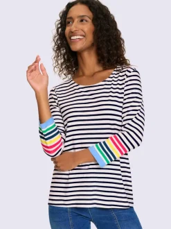 T-shirt à manches 3/4 motifs rayés avec détails contrastés