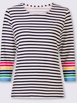 T-shirt à manches 3/4 motifs rayés avec détails contrastés