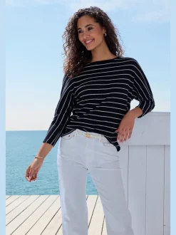 T-shirt à manches 3/4 rayures structurées coupe ample coton viscose