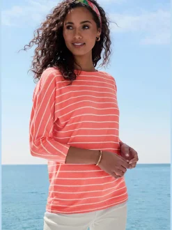 T-shirt à manches 3/4 rayures structurées coupe ample coton viscose