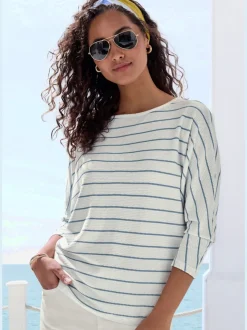 T-shirt à manches 3/4 rayures structurées coupe ample coton viscose