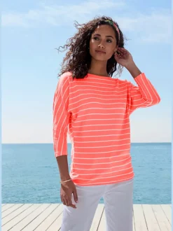 T-shirt à manches 3/4 rayures structurées coupe ample coton viscose
