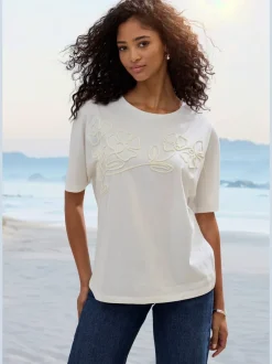 T-shirt à motif floral brodé avec mancherons en coton biologique