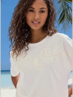 T-shirt à motif floral brodé avec mancherons en coton biologique