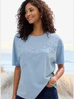 T-shirt à motif floral brodé avec mancherons en coton biologique