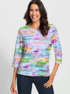 T-shirt à motifs colourés manches trois quarts encolure ronde