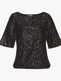 T-shirt à paillettes avec large encolure ronde et manches mi-longues