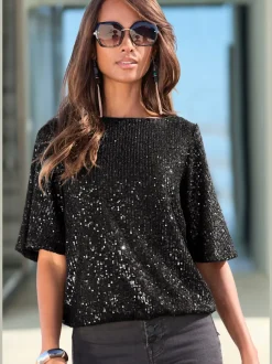 T-shirt à paillettes avec large encolure ronde et manches mi-longues