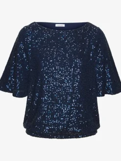 T-shirt à paillettes avec large encolure ronde et manches mi-longues
