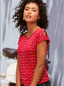 T-shirt à petits nœuds et découpe aux manches avec motif floral