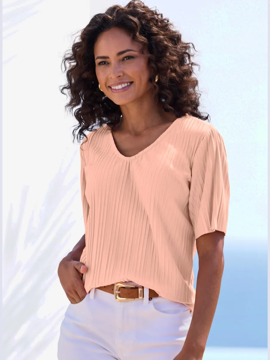 T-shirt plissé avec encolure V et manches courtes