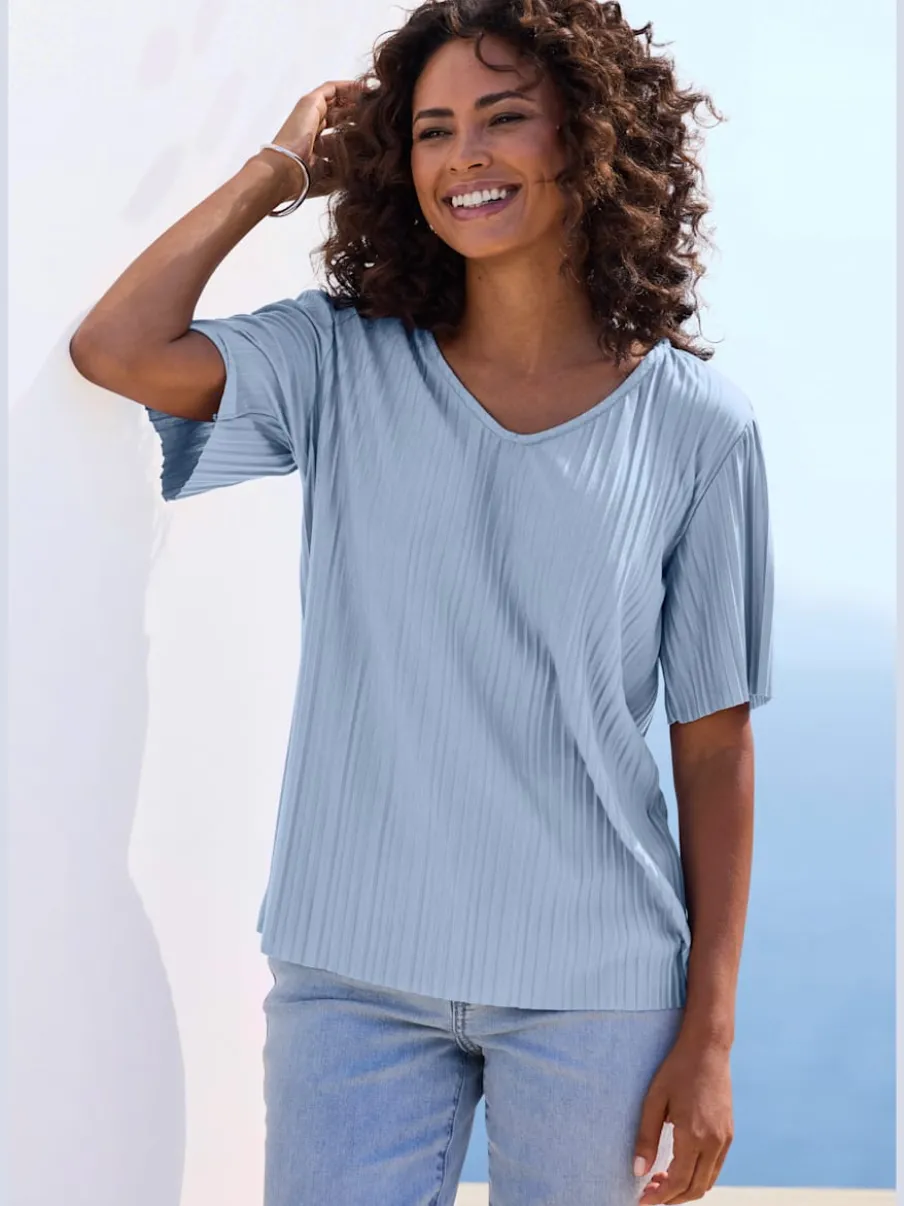 T-shirt plissé avec encolure V et manches courtes