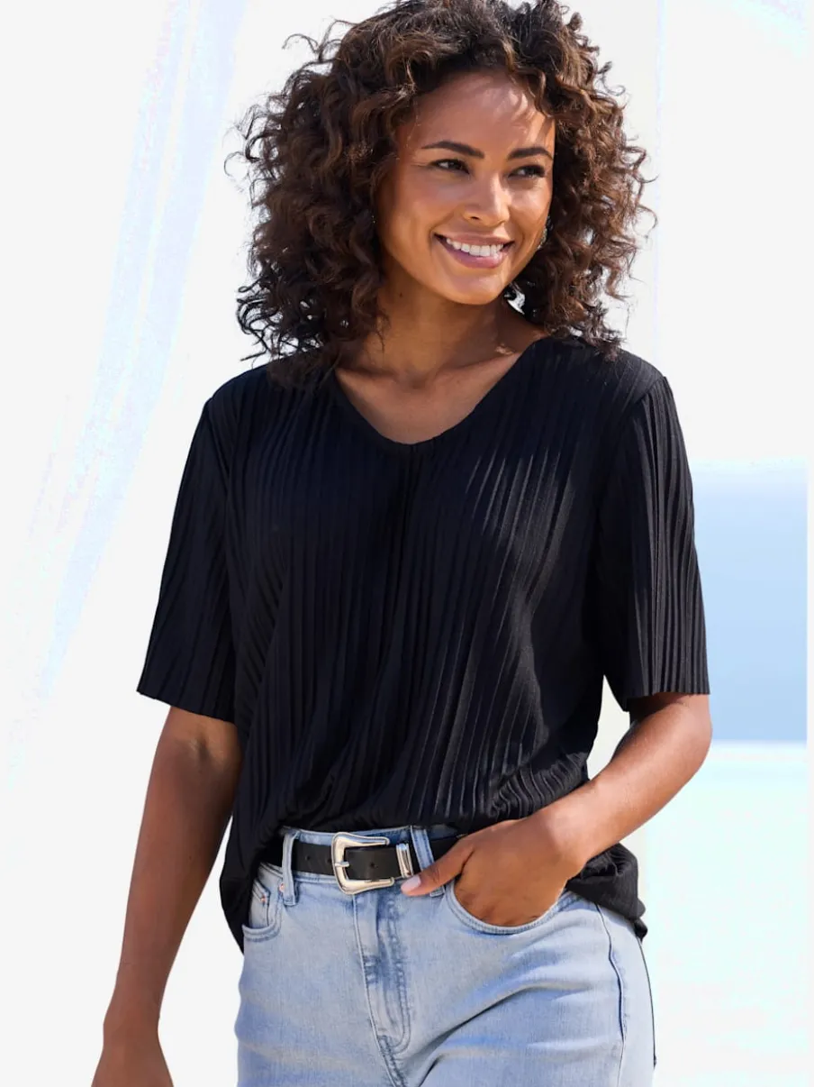T-shirt plissé avec encolure V et manches courtes