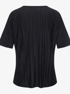 T-shirt plissé en tissu brillant avec col V et manches chauve-souris