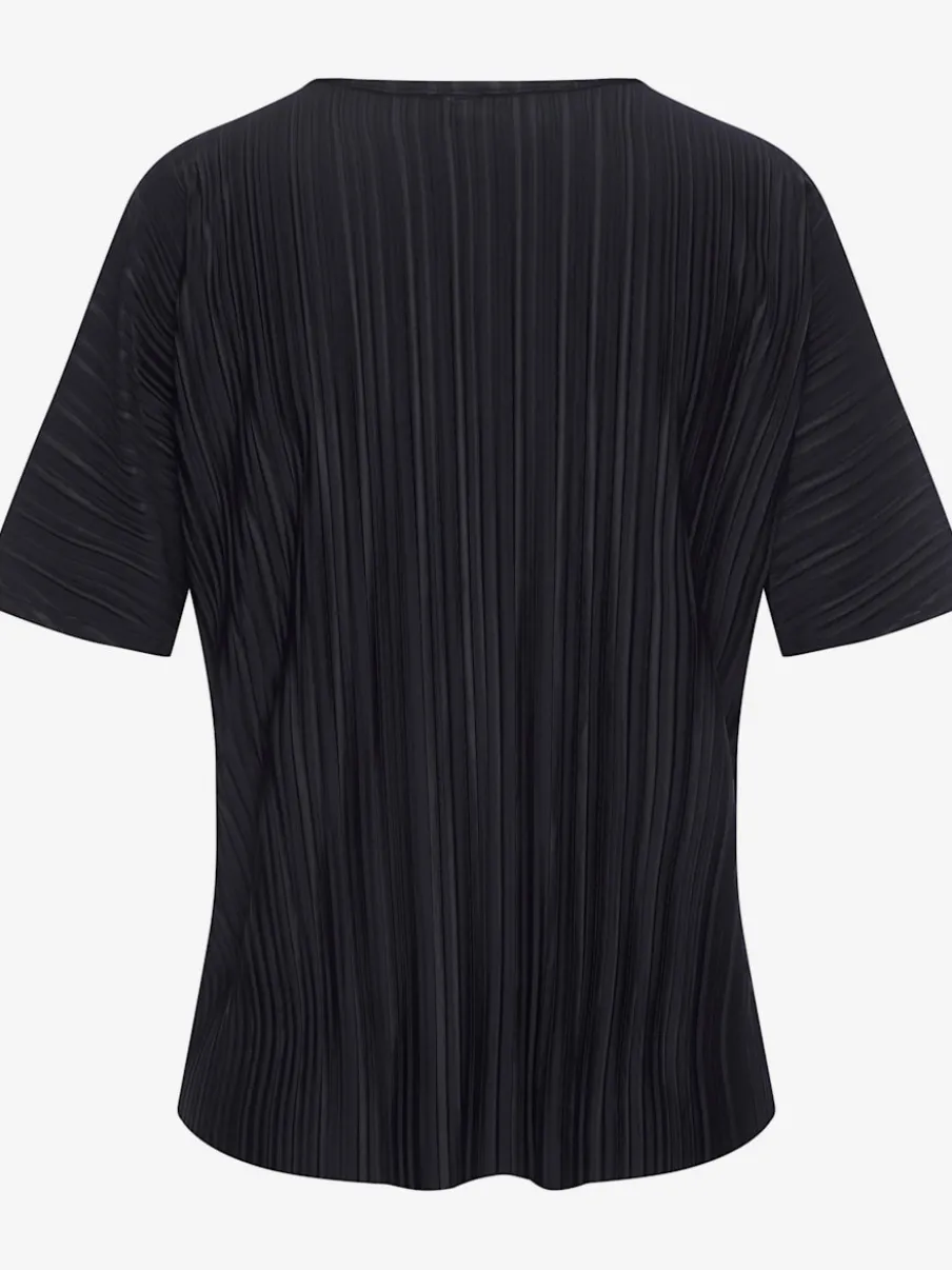 T-shirt plissé en tissu brillant avec col V et manches chauve-souris