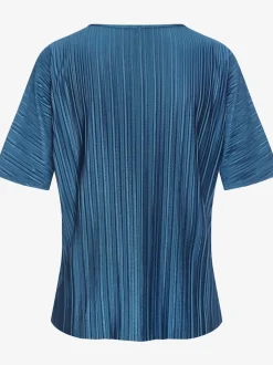 T-shirt plissé en tissu brillant avec col V et manches chauve-souris