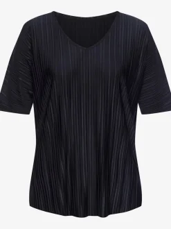 T-shirt plissé en tissu brillant avec col V et manches chauve-souris