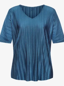 T-shirt plissé en tissu brillant avec col V et manches chauve-souris