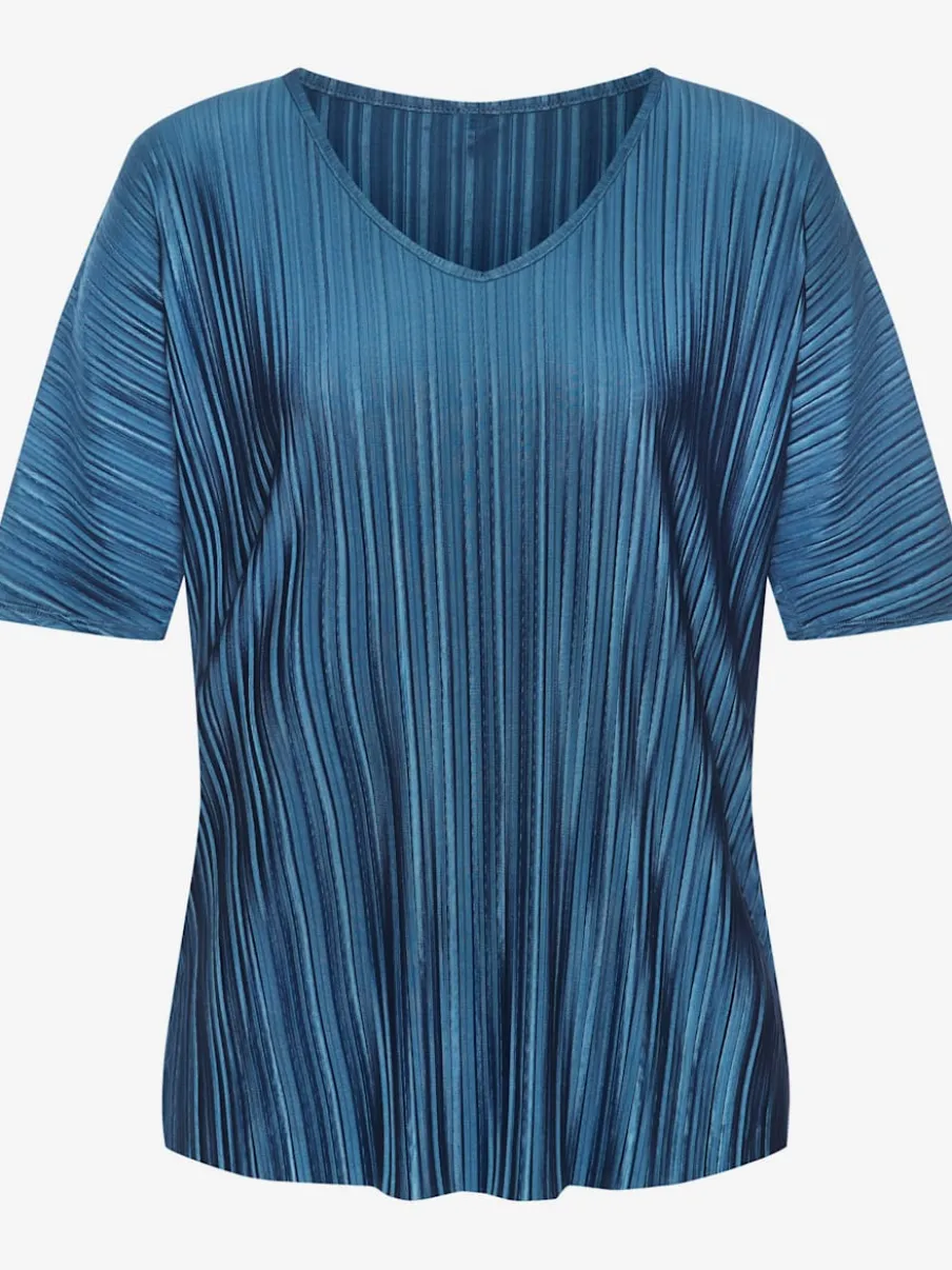 T-shirt plissé en tissu brillant avec col V et manches chauve-souris