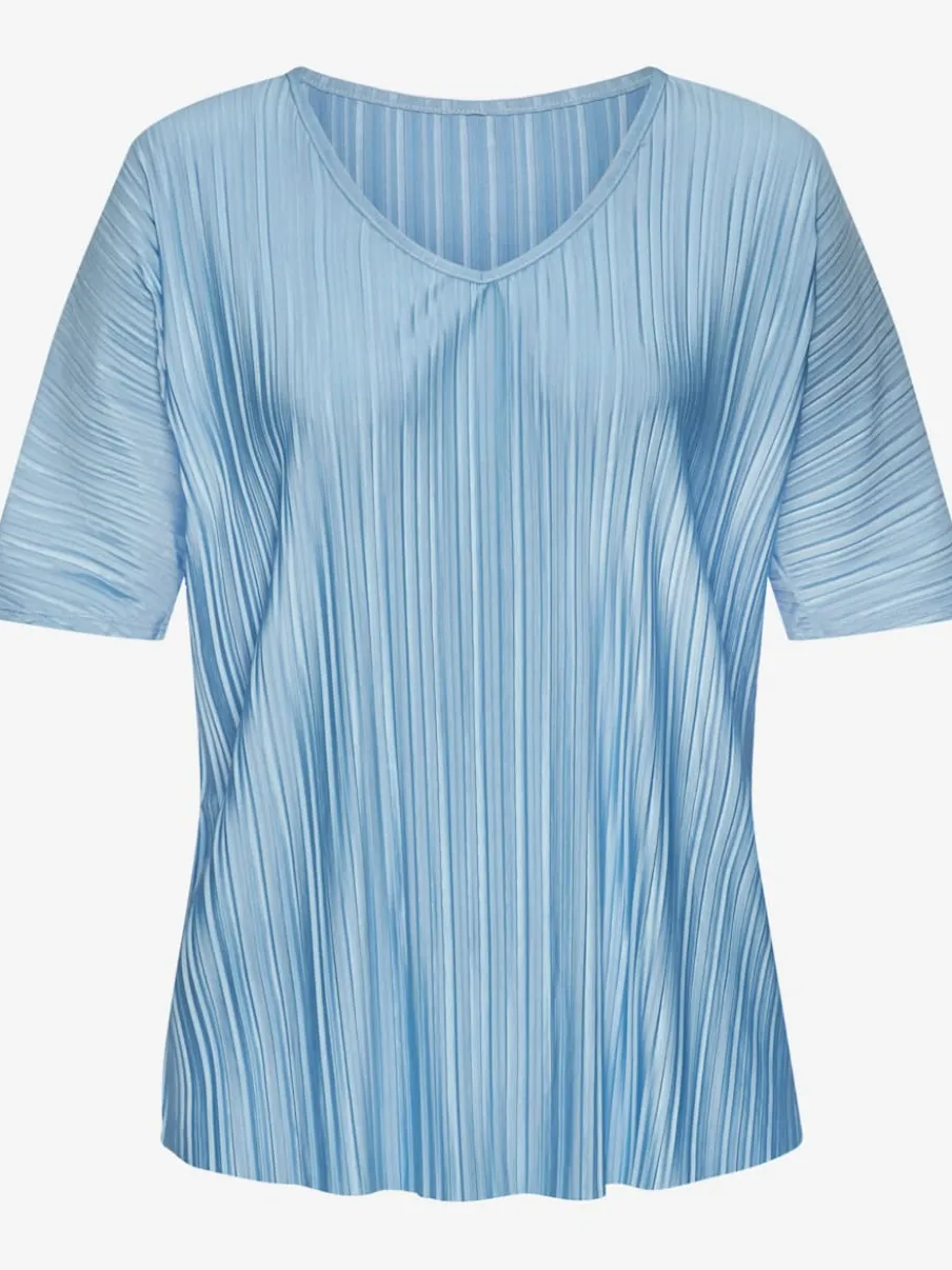 T-shirt plissé en tissu brillant avec col V et manches chauve-souris