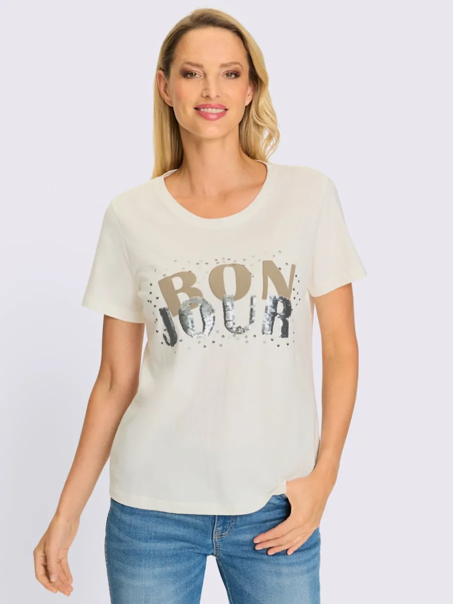 T-shirt pur coton avec inscription et paillettes décoratives