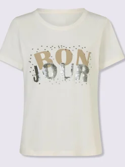 T-shirt pur coton avec inscription et paillettes décoratives